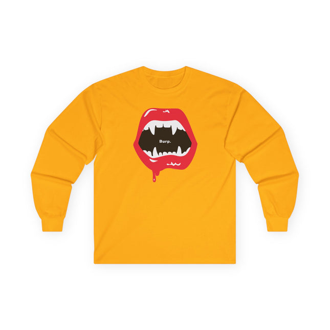 Gold Burp Fangs long sleeve shirt, front view — funny Halloween costume tee
