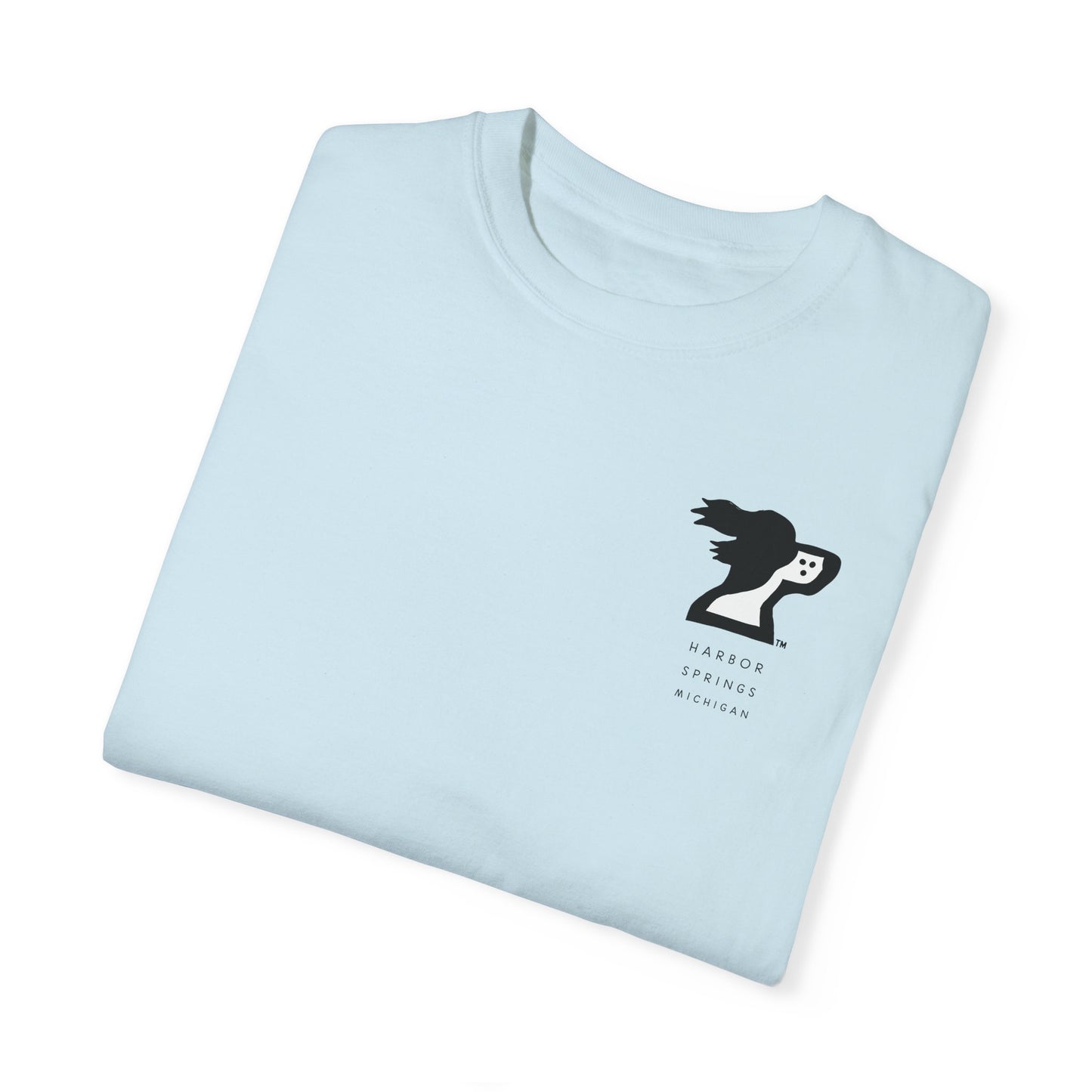 Folded light blue color t-shirt by the Harbor Springer brand with a springer spaniel dog logo and Harbor Springs Michigan text.