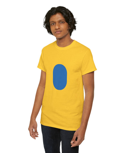 Model wearing the yellow Banana InstaCostume tee front view, blue oval print — easy last minute Halloween costume