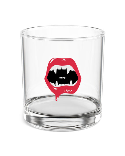 Burp Fangs rocks glass 10oz, front view — funny vampire Halloween whiskey glass