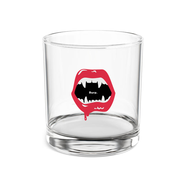 Burp Fangs rocks glass 10oz, front view — funny vampire Halloween whiskey glass