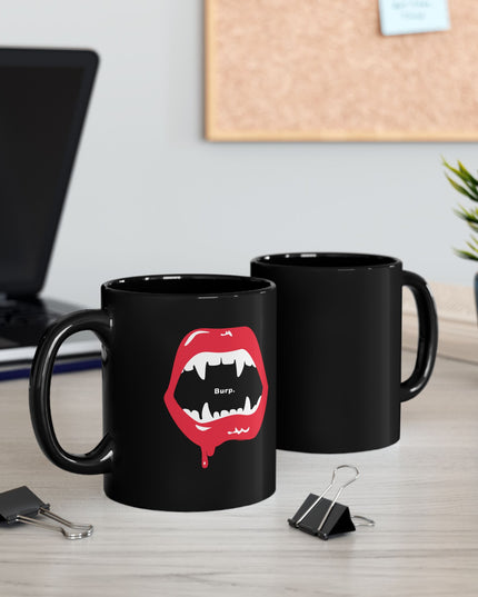 Burp Fangs black mug 15oz, lifestyle shot — funny vampire fangs Halloween mug