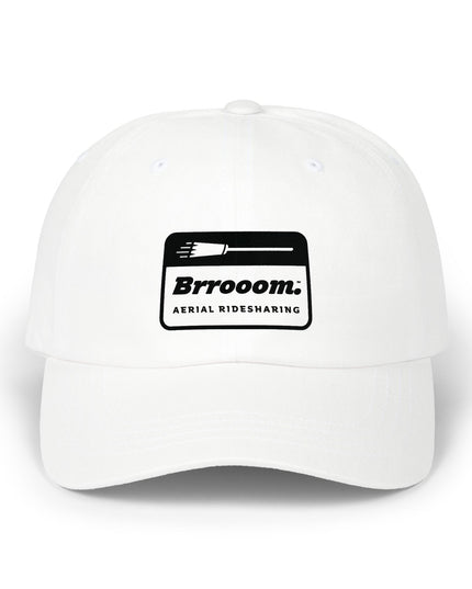 White Brrooom dad hat, front view — funny witch rideshare Halloween costume hat
