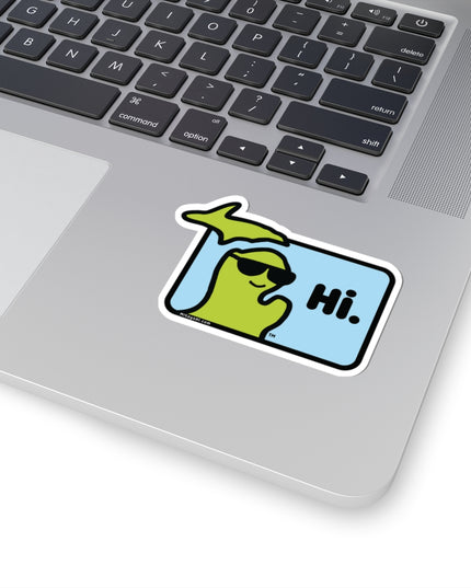 Sticker with Michigan character with sunglasses waving and saying "Hi" on a laptop.
