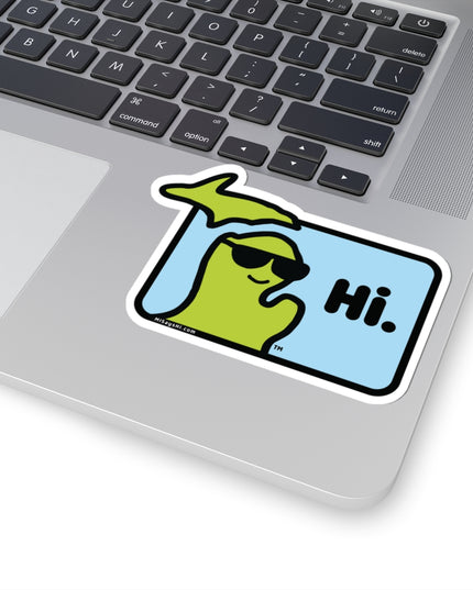 Large sticker with Michigan character with sunglasses waving and saying "Hi" on a laptop.