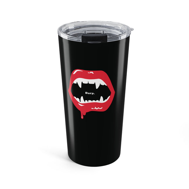 Burp Fangs black 20oz tumbler with lid, front view — funny vampire Halloween tumbler