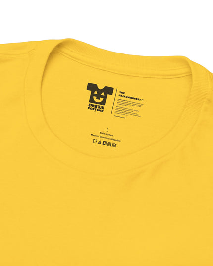 Close-up of printed InstaCostume neck label inside the banana Halloween costume tee — tagless comfort shirt