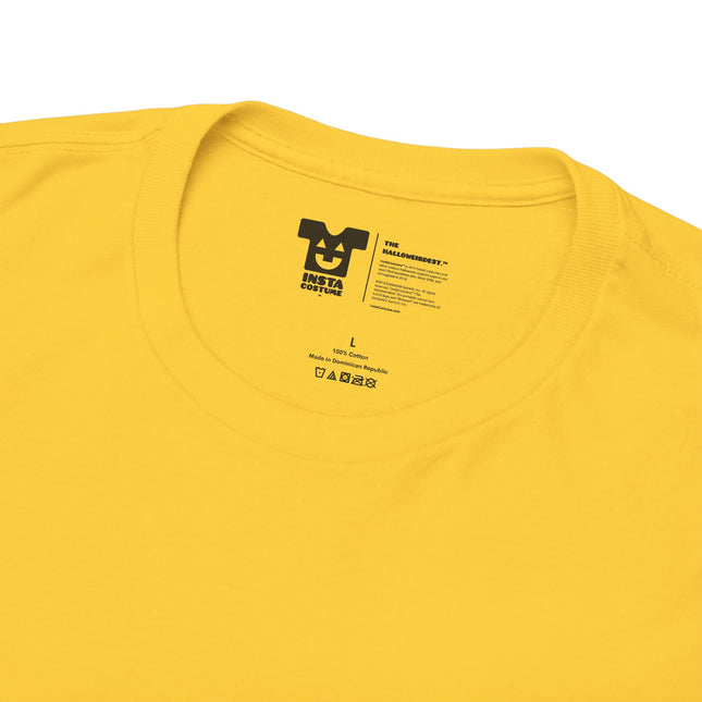 Close-up of printed InstaCostume neck label inside the banana Halloween costume tee — tagless comfort shirt