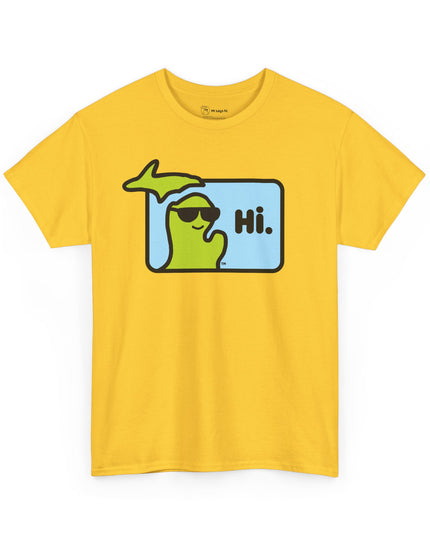 Yellow Michigan t-shirt with state of Michigan wearing sunglasses and waving.