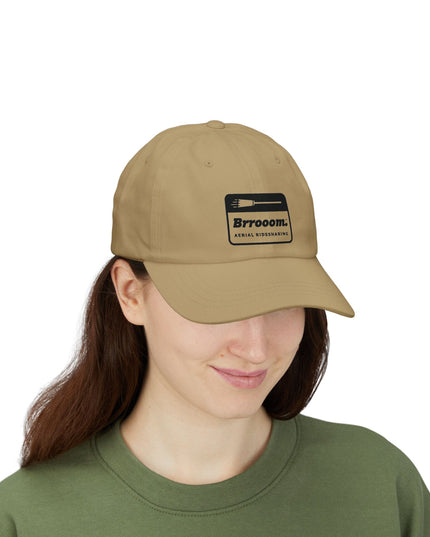 Black Brrooom witch rideshare dad hat, front view — funny Halloween costume headwear