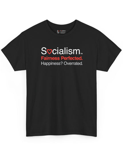 Fairness Perfected Socialism tee, black front view — conservative humor gift shirt