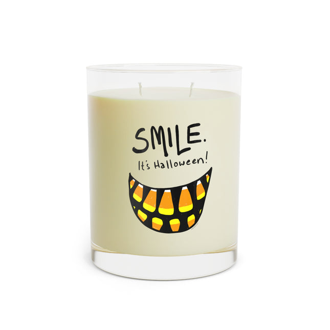 Smile It's Halloween candy corn candle jar, front view — funny Halloween scented candle
