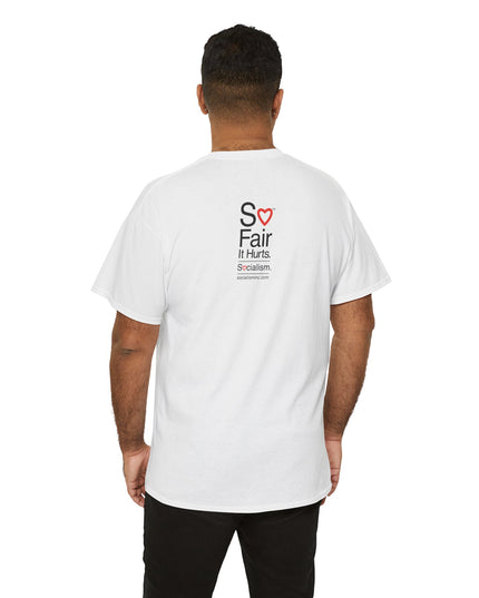 Back view, man wearing white Free Yourself tee — political satire shirt