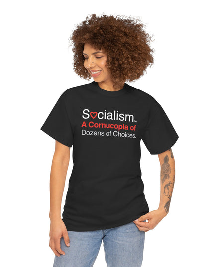 Woman wearing black Cornucopia tee — midterm election shirt