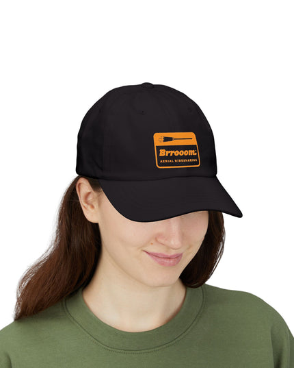 Pink Brrooom aerial ridesharing dad hat, front view — funny witch Halloween hat