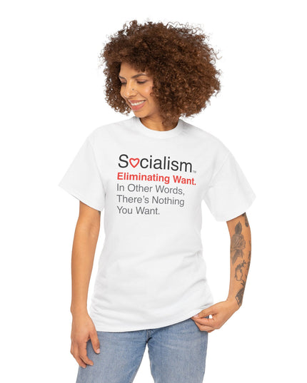 Woman wearing white Eliminating Want tee — funny election shirt