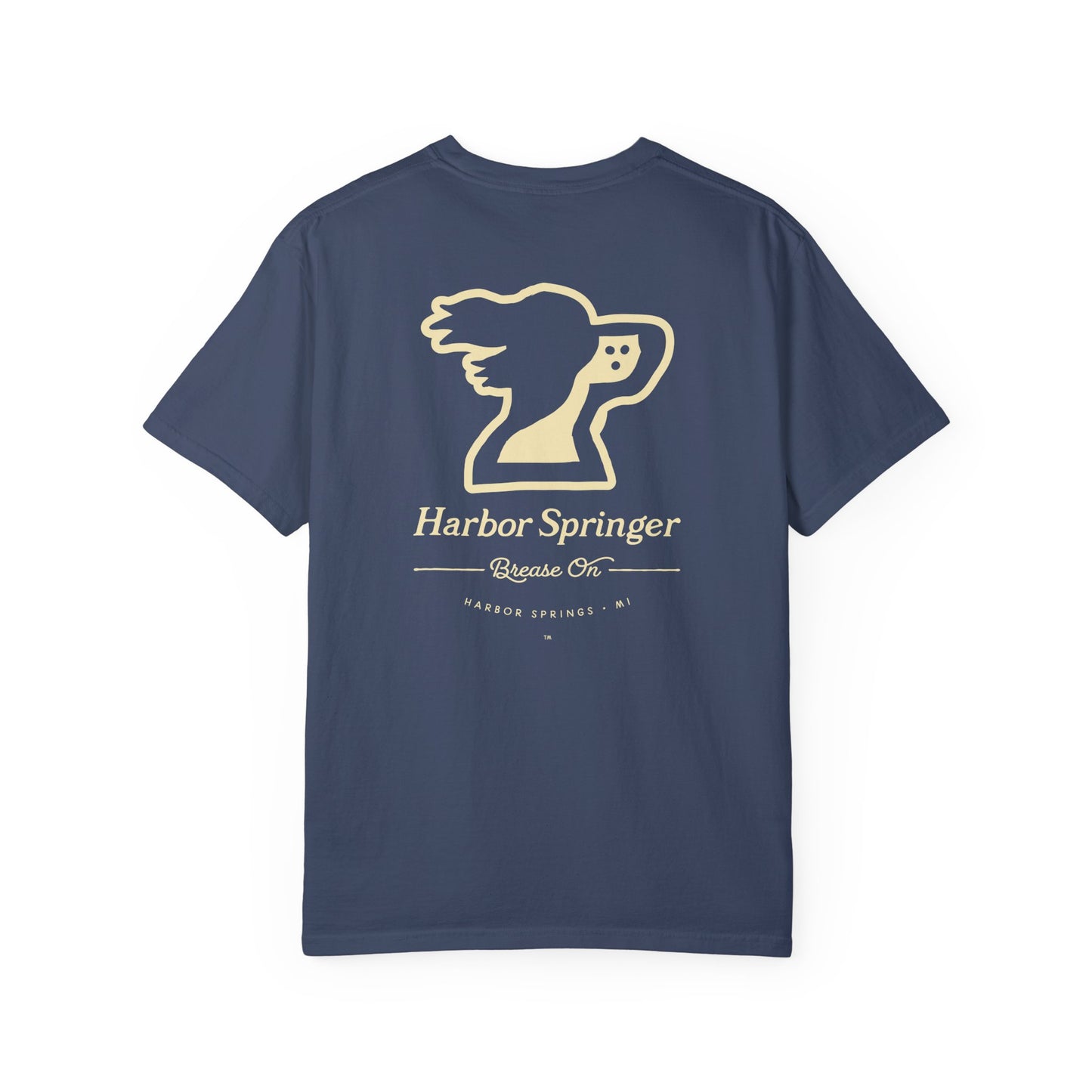 Dark blue t-shirt by the Harbor Springer brand with a springer spaniel dog logo and Brease On tagline on the back.