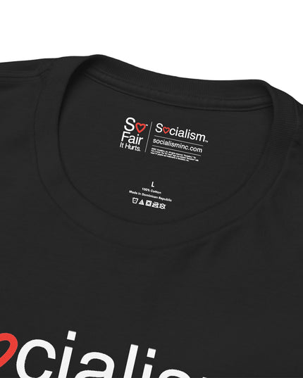 Close-up of Socialism neck label inside black tee — funny political tee