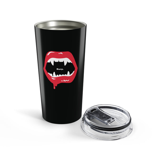 Burp Fangs insulated tumbler, angle view — funny Halloween travel mug
