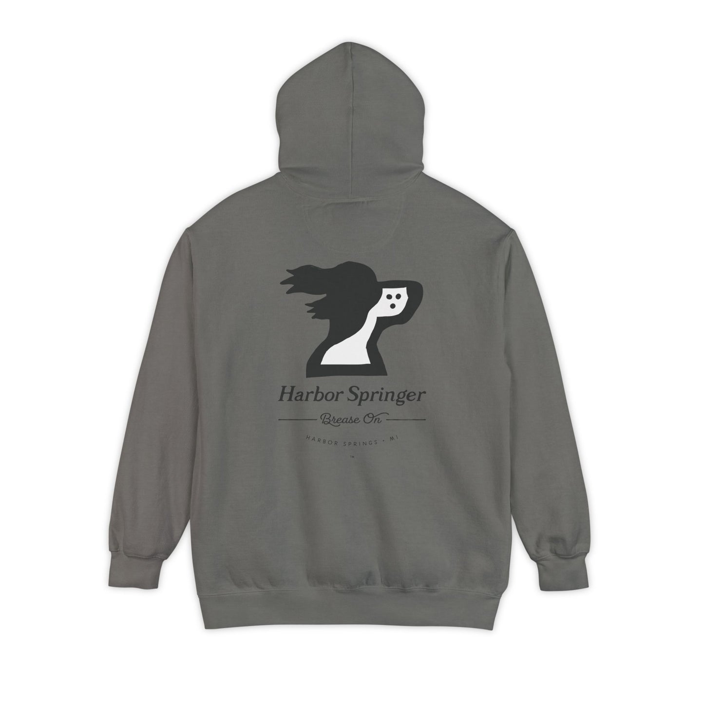 Gray color hoodie by the Harbor Springer brand with a springer spaniel dog logo and Brease On tagline on the back.