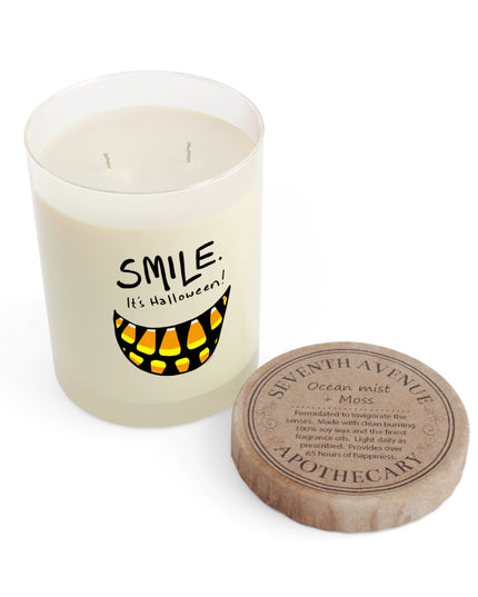 Smile It's Halloween candle, alternate angle — Ocean Mist and Moss scented soy candle