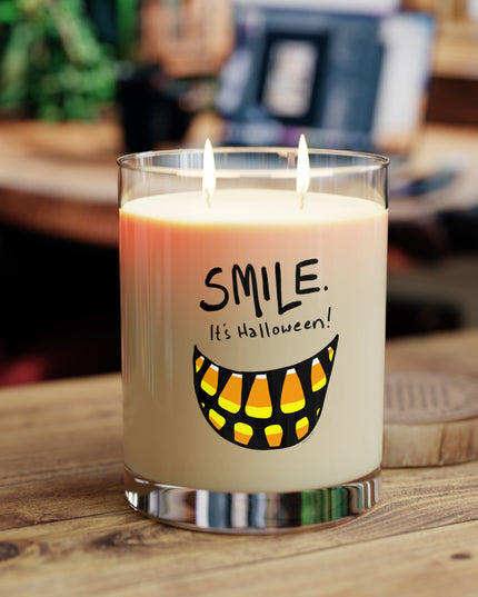 Smile candle in White Tea and Fig scent — funny Halloween scented candle jar