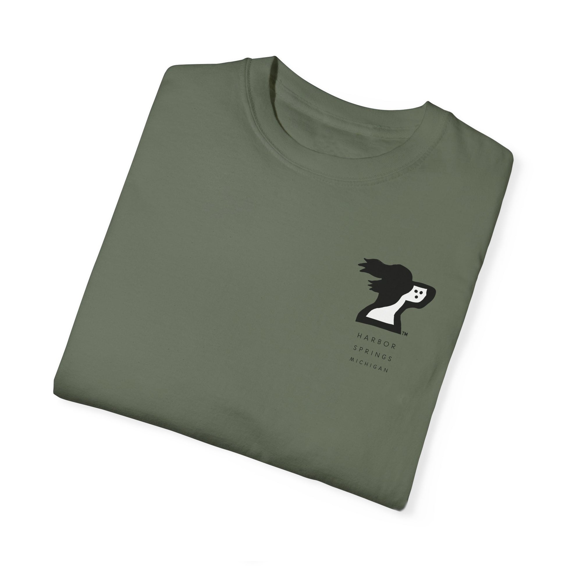 Folded green color t-shirt by the Harbor Springer brand with a springer spaniel dog logo and Harbor Springs Michigan text.