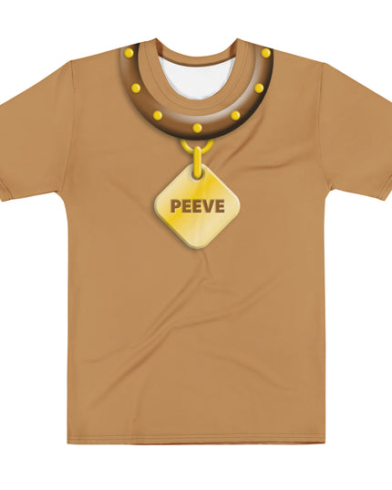 Pet Peeve all-over print tee, front view — Halloween costume t-shirt with dog collar and PEEVE tag