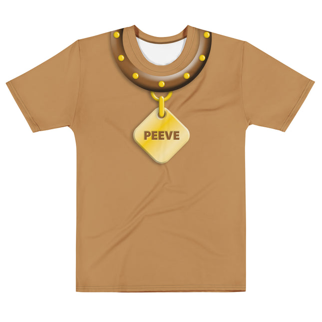 Pet Peeve all-over print tee, front view — Halloween costume t-shirt with dog collar and PEEVE tag