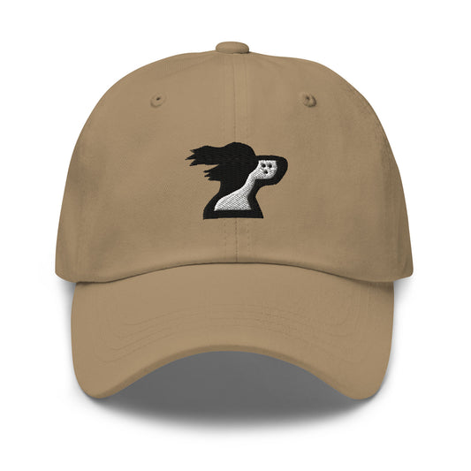 Khaki dad hat with brand logo by the Harbor Springer brand.