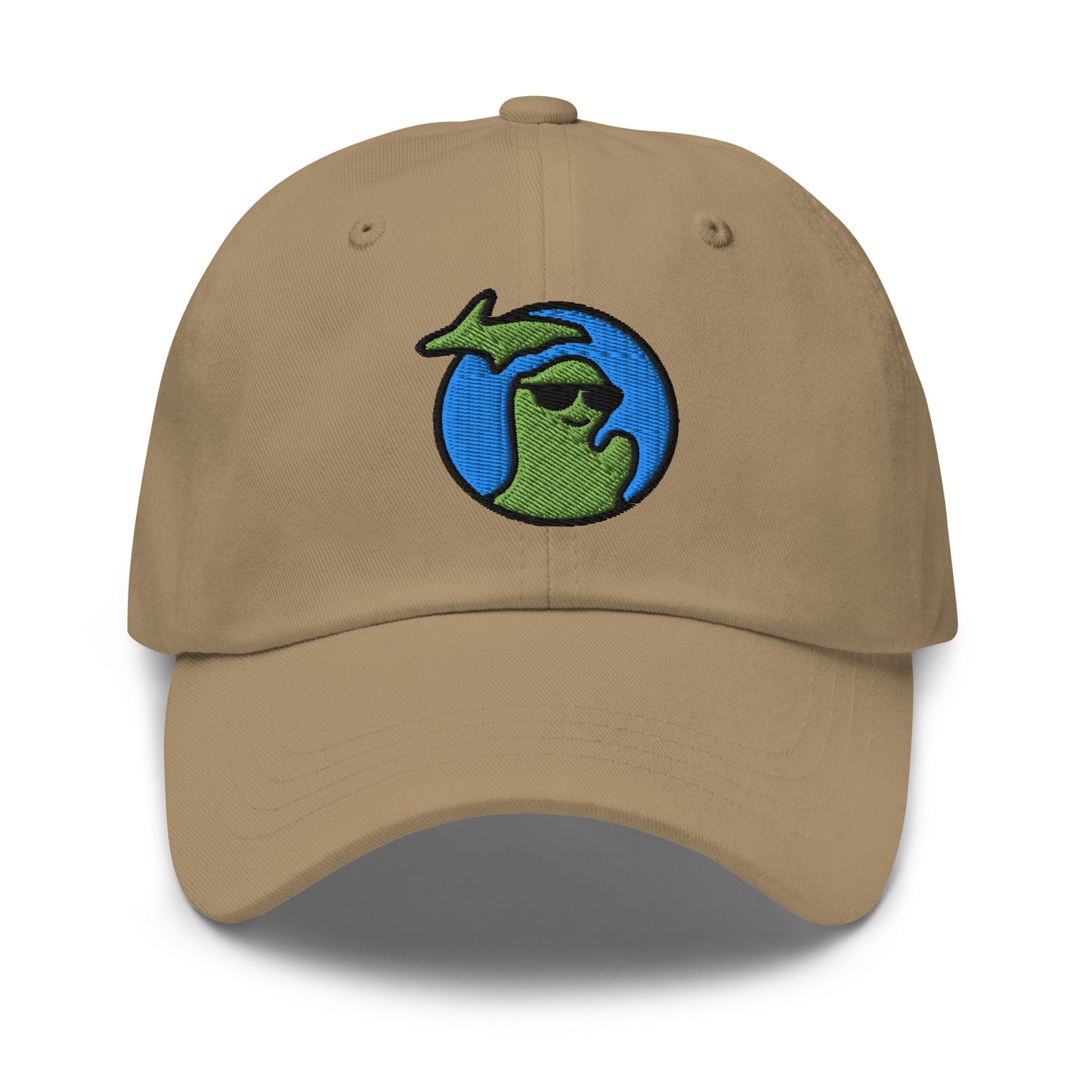 Michigan logo of the state waving and wearing sunglasses embroidered on a tan hat with adjustable strap.