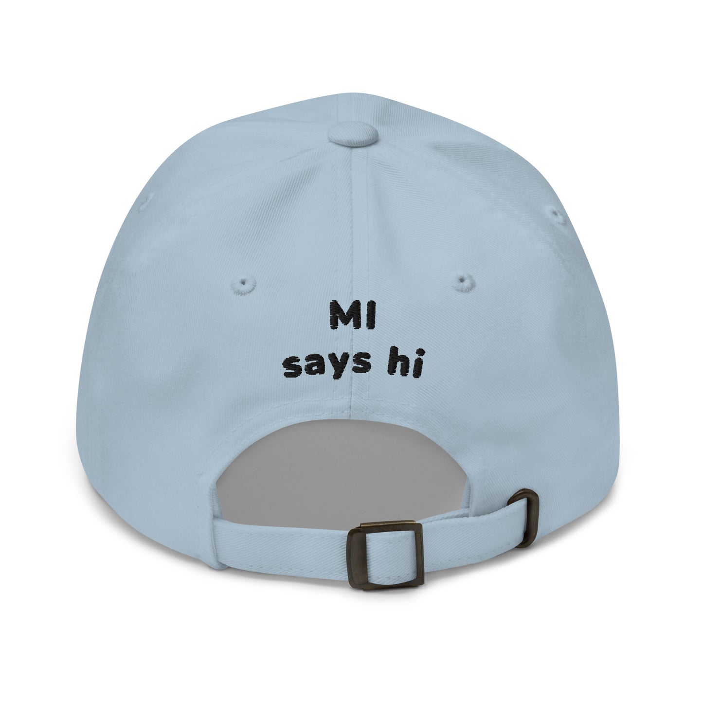 Back of a white hat with adjustable strap with Michigan brand MI Says Hi title embroidered.