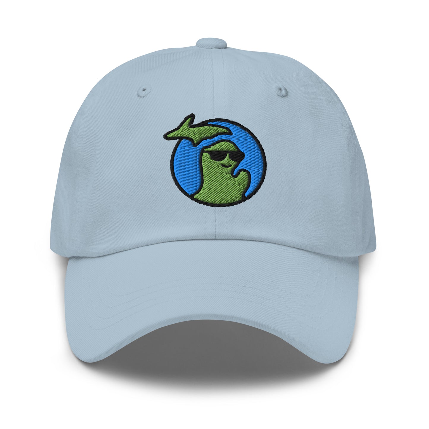 Michigan logo of the state waving and wearing sunglasses embroidered on a light blue hat with adjustable strap.