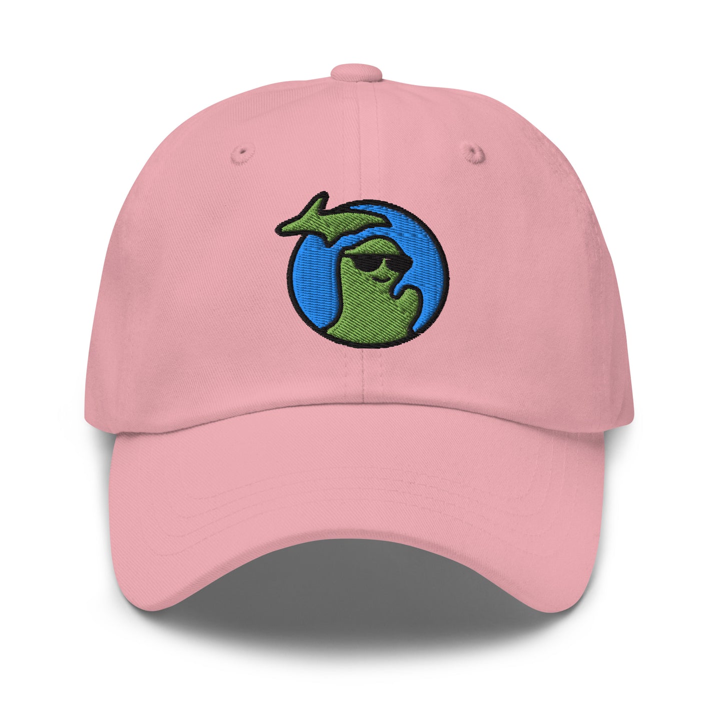 Waving logo of the state of Michigan waving, smiling and wearing sunglasses embroidered on a pink hat with adjustable strap.