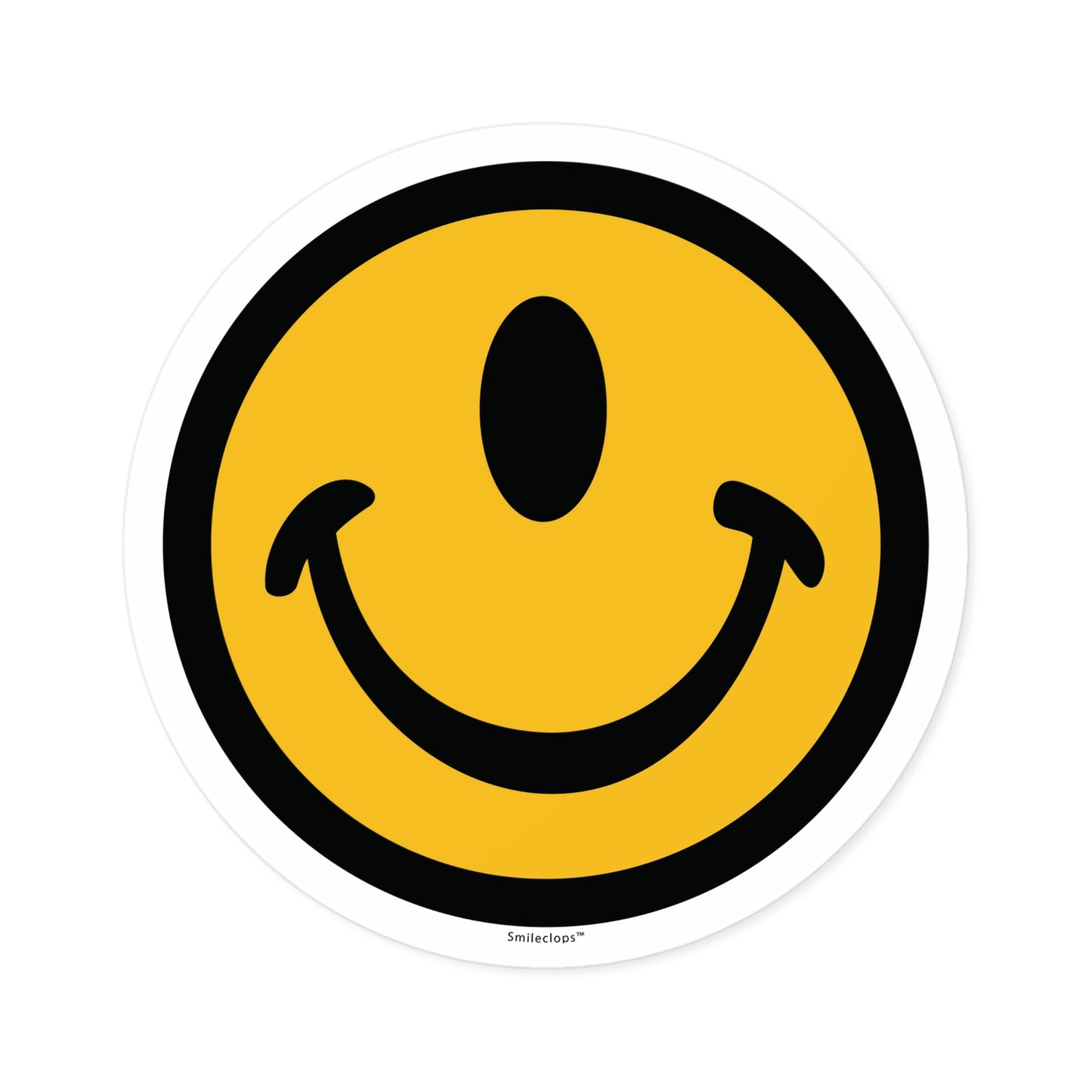 Large one-eyed smile face round sticker by the Smileclops™ brand.