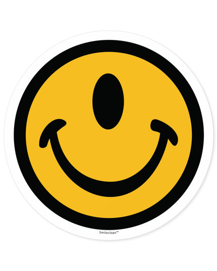 Medium one-eyed smile face round sticker by the Smileclops™ brand.