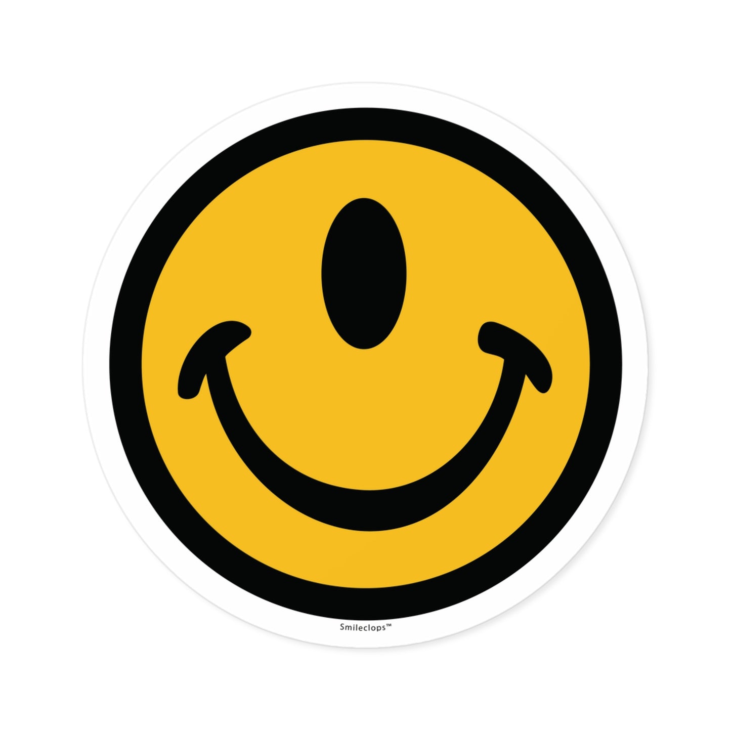 Medium one-eyed smile face round sticker by the Smileclops™ brand.