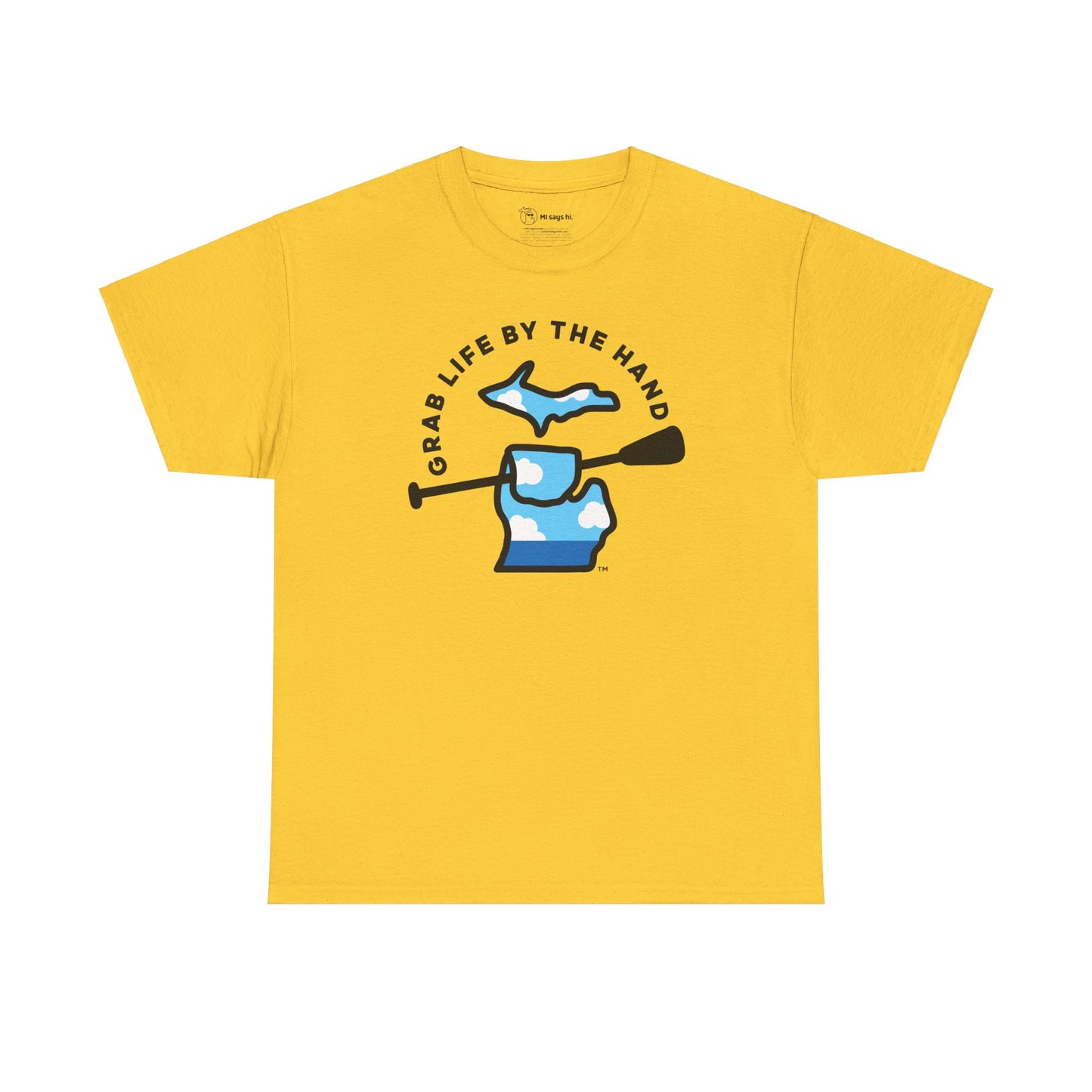 Yellow Michigan t-shirt for people who enjoy kayaking, canoeing or paddleboarding, showing the state of Michigan grabbing a paddle with the headline Grab Life by the Hand™.