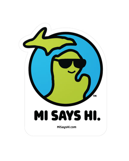 Waving Michigan logo wearing sunglasses on a vinyl sticker.