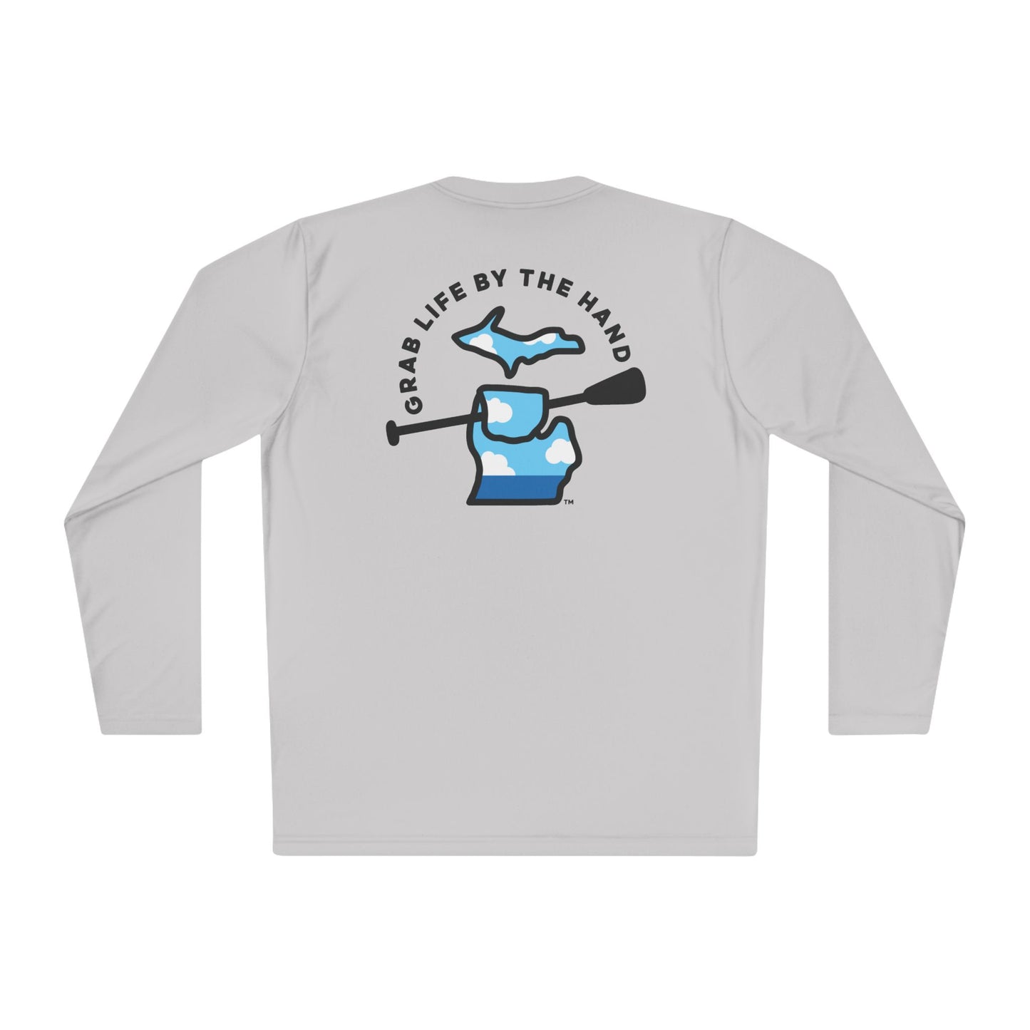 Michigan moisture-wicking long sleeve t-shirt in gray for kayaking, canoeing and paddleboarding with Grab Life by the Hand™ design.