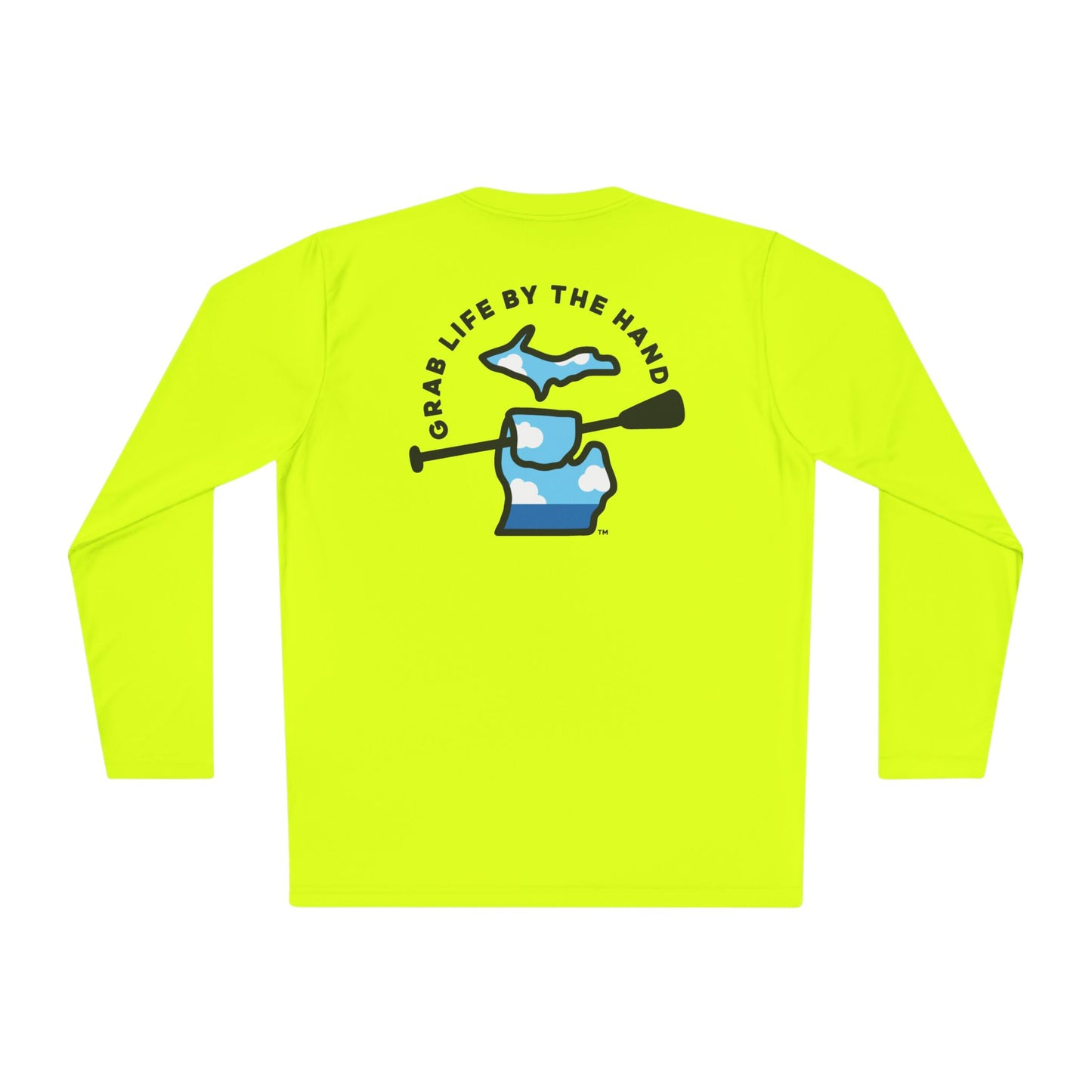 Michigan moisture-wicking long sleeve t-shirt in neon yellow for kayaking, canoeing and paddleboarding with Grab Life by the Hand™ design.