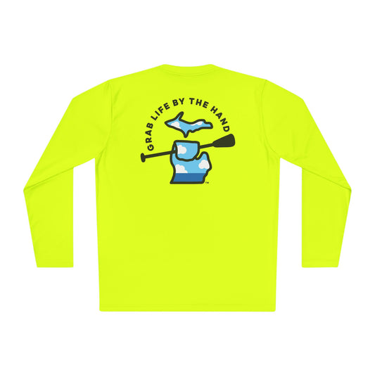 Michigan moisture-wicking long sleeve t-shirt in neon yellow for kayaking, canoeing and paddleboarding with Grab Life by the Hand™ design.