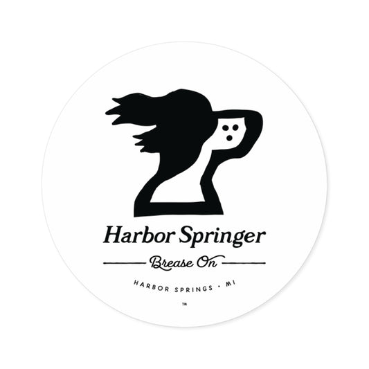 Michigan brand Harbor Springer springer spaniel dog logo with Brease On tagline on a round sticker.