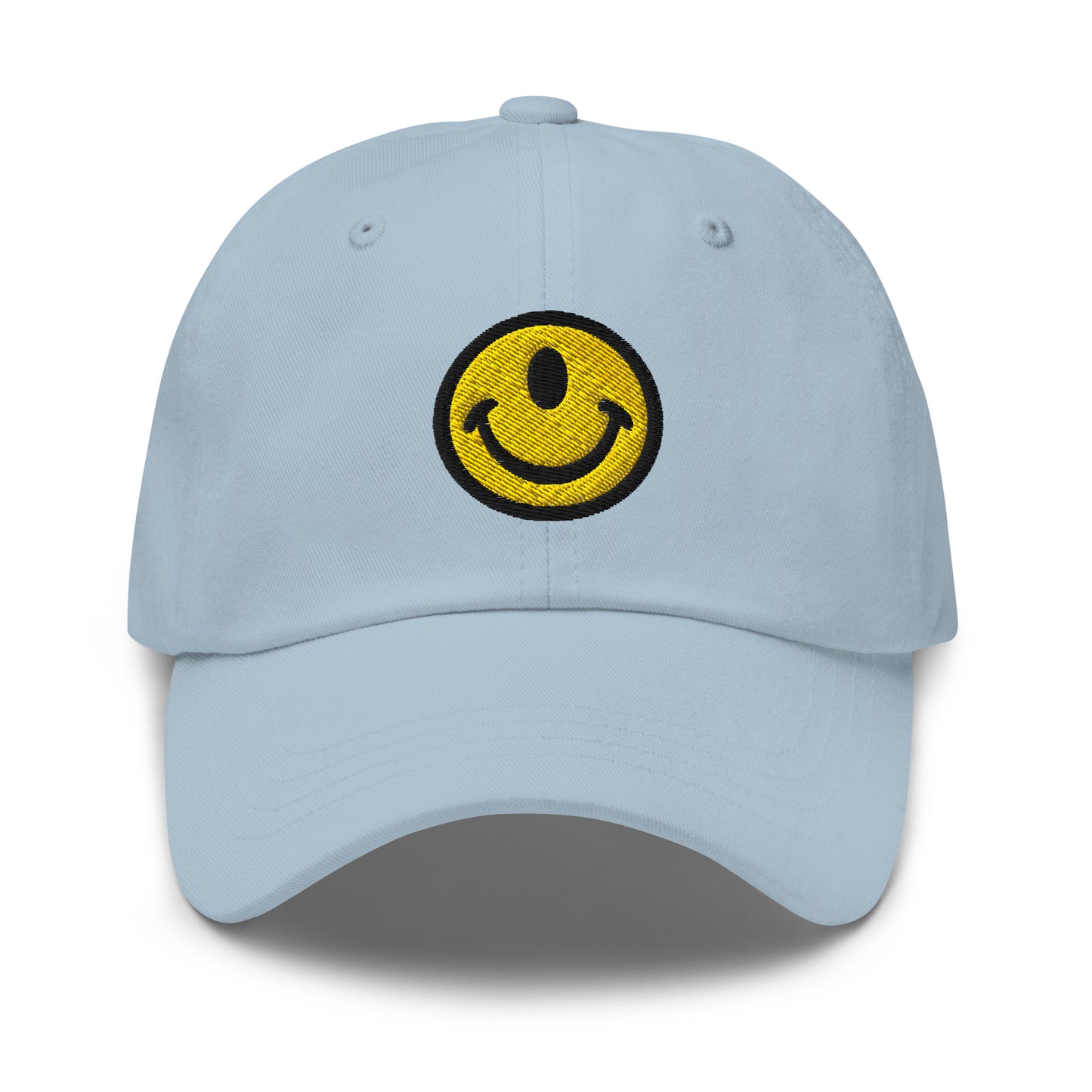 Light Blue dad hat with the Smileclops™ brand logo of a one-eyed smile face, the official logo of resilient positivity for those who remain, in all things, Oddly Happy™.