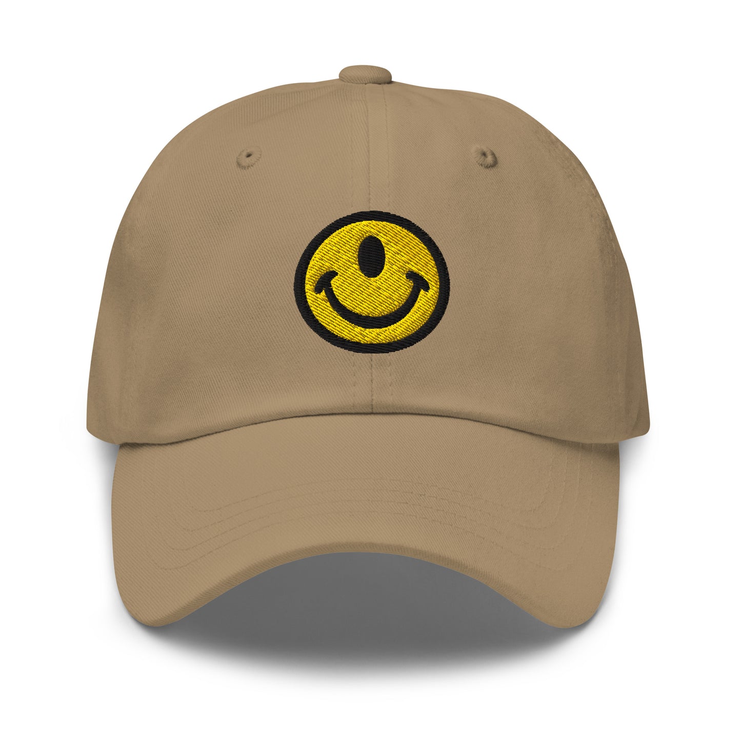 Khaki baseball hat with the Smileclops™ brand logo of a one-eyed smile face, the official logo of resilient positivity for those who remain, in all things, Oddly Happy™.