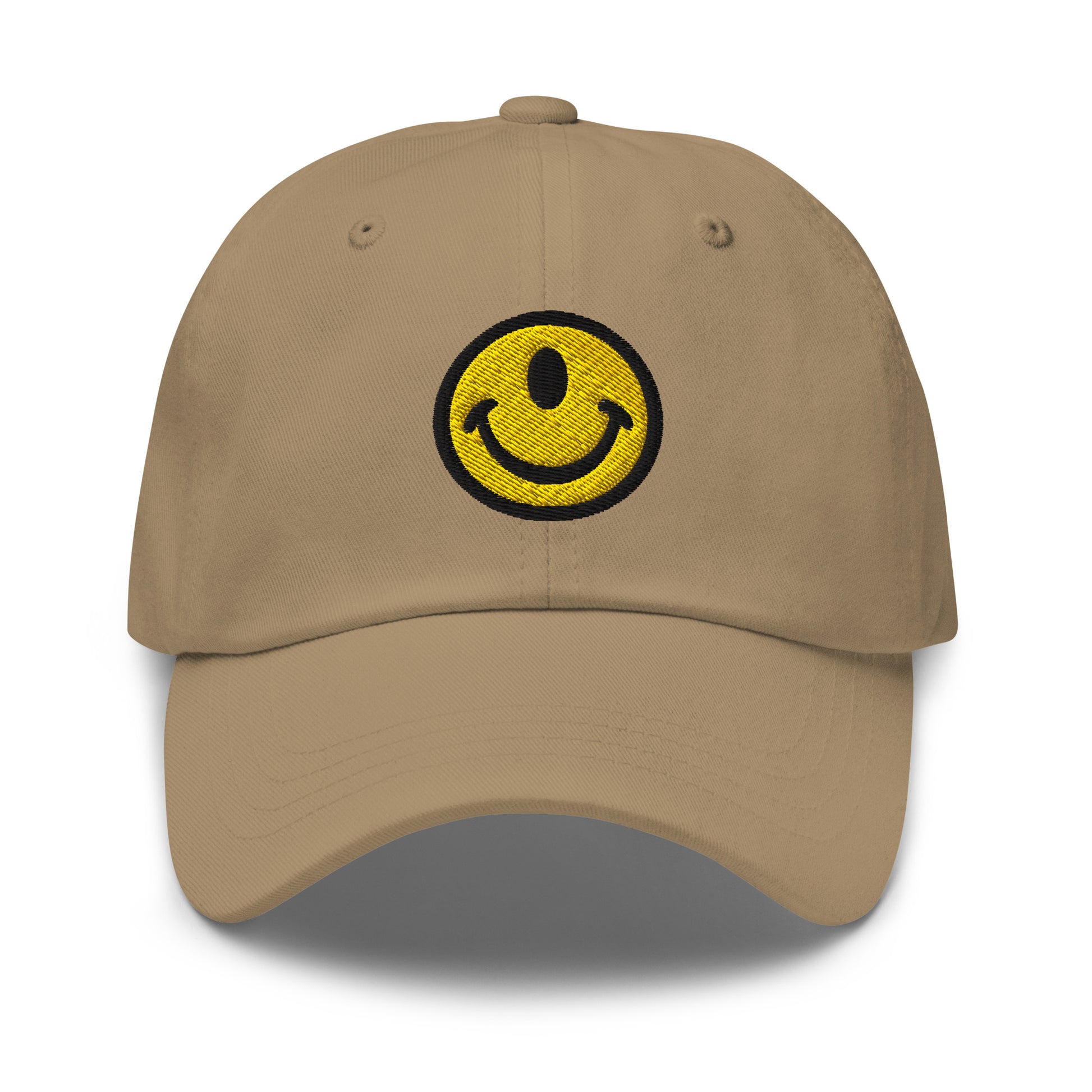 Khaki baseball hat with the Smileclops™ brand logo of a one-eyed smile face, the official logo of resilient positivity for those who remain, in all things, Oddly Happy™.