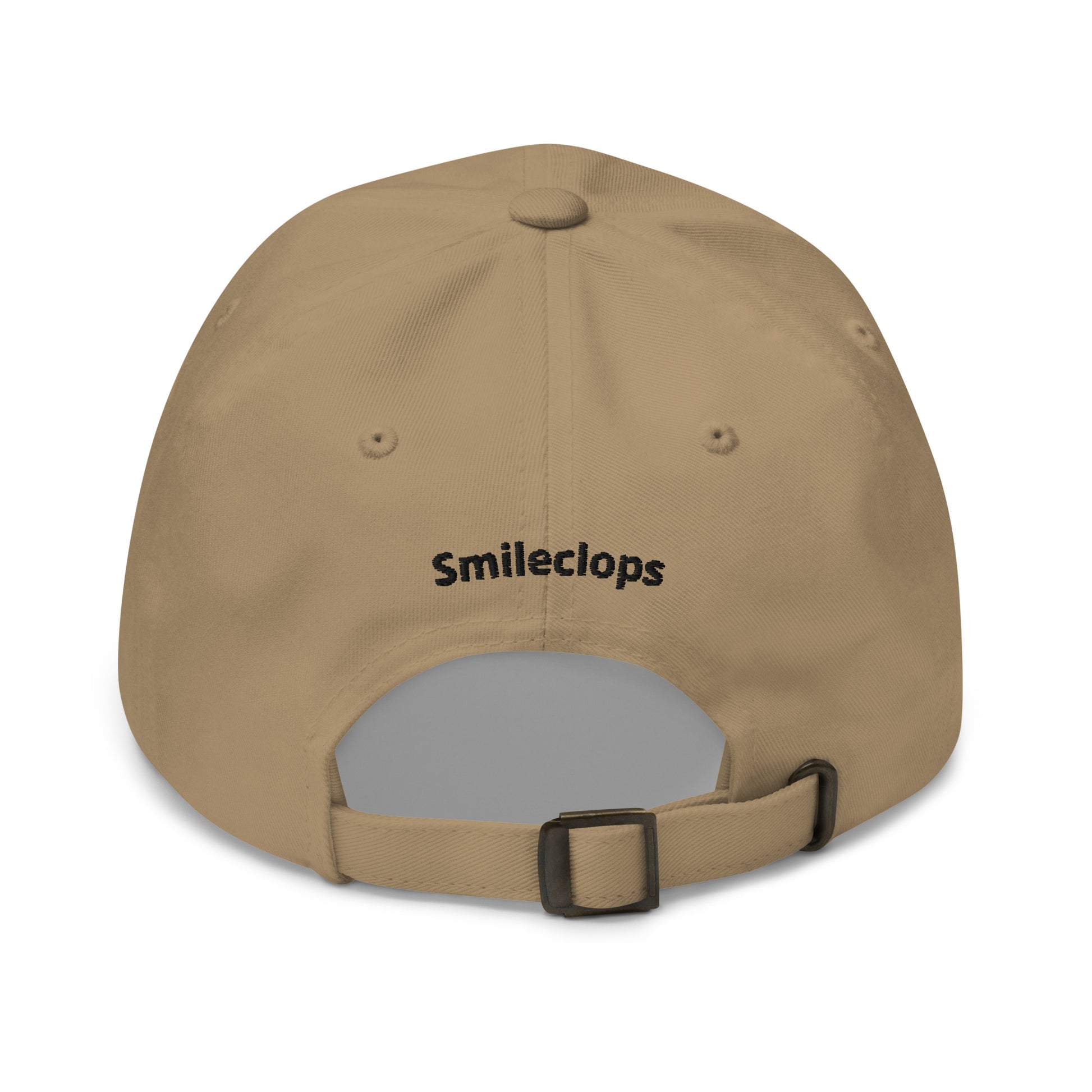 Khaki ball cap with the Smileclops™ brand on the back for those who remain, in all things, Oddly Happy™.