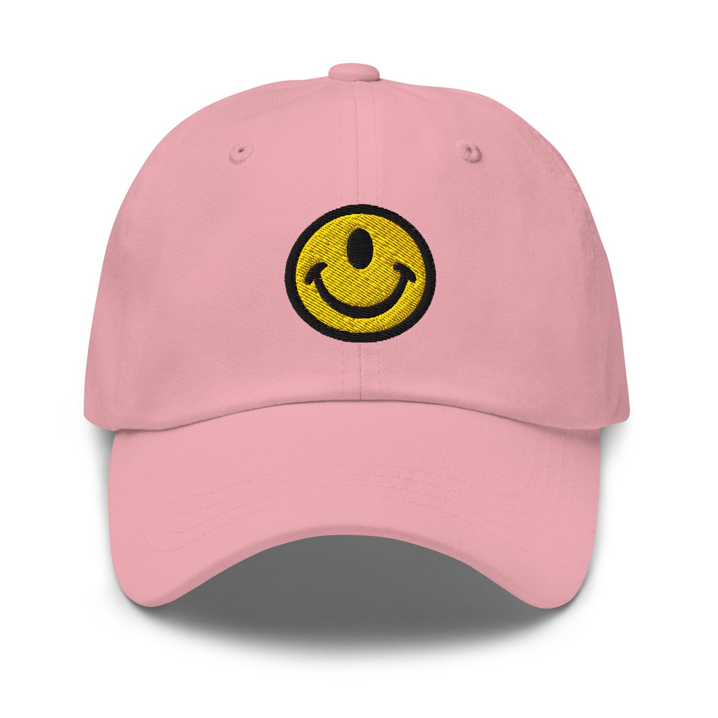 Pink baseball hat with the Smileclops™ brand logo of a one-eyed smile face, the official logo of resilient positivity for those who remain, in all things, Oddly Happy™.