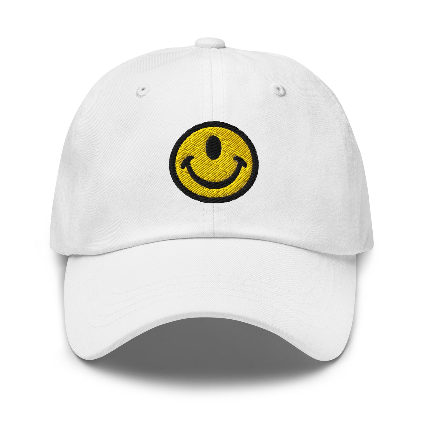 White hat with the Smileclops™ brand logo of a one-eyed smile face, the official logo of resilient positivity for those who remain, in all things, Oddly Happy™.