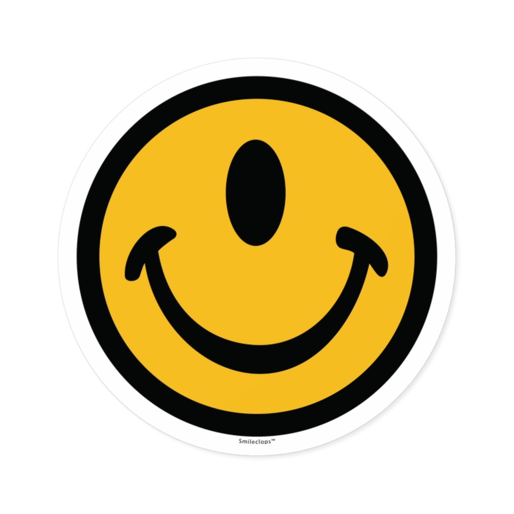 One eyed smile face round sticker by the Smileclops™ brand.